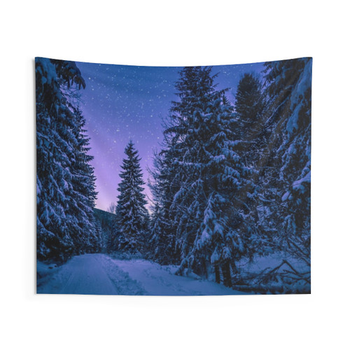 Snowy forest tapestry with galaxy night sky