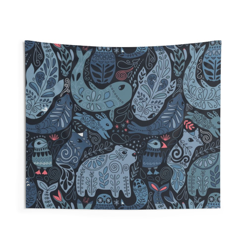 Arctic animals tapestry featuring narwhals, polar bears, whales, and more