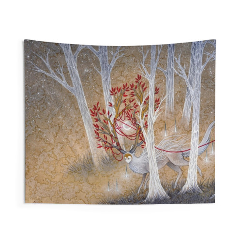 Ethereal Crescent Moon Tapestry - Fantasy Yokai Illustration