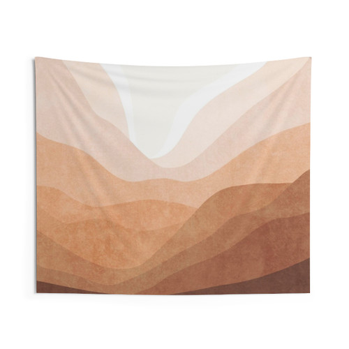 Warm mountain landscape tapestry with terracotta and pink accents