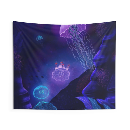 Glowing jellyfish underwater landscape surreal digital art tapestry