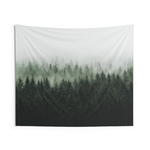 Mystical fairytale forest tapestry with trees covered in magical light and fog