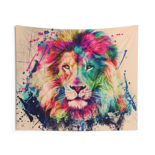 Lion Watercolor Splash Portrait Tapestry