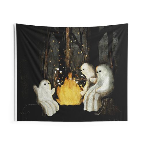 Spooky campfire marshmallow tapestry with ghost and forest scene