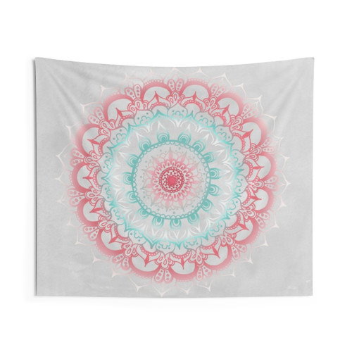 Teal and Coral Glow Medallion Tapestry Wall Art