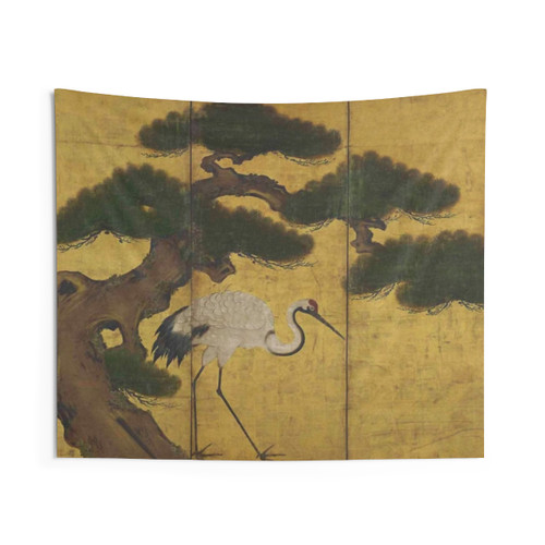 Japanese Edo Period Red Crowned Crane Folding Screen Tapestry