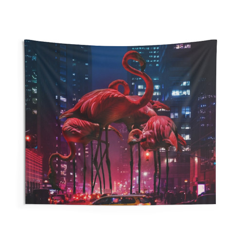 Flamingo Tapestry - Surreal Nighttime Street Scene with Flamingos