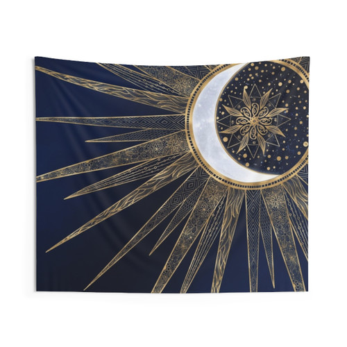 Bohemian Mandala Tapestry Wall Hanging with Blue & Gold Sun Moon Design