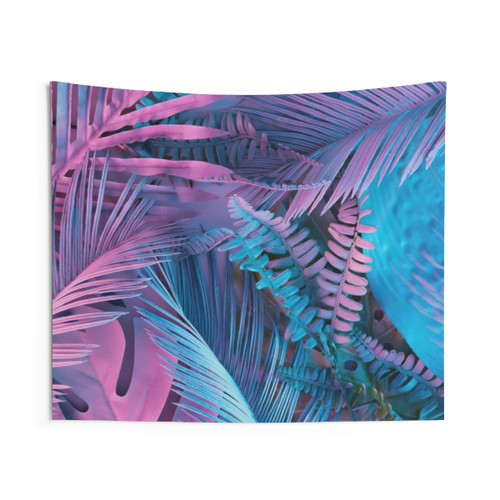 Neon Pink and Blue Exotic Palm Leaves Tapestry