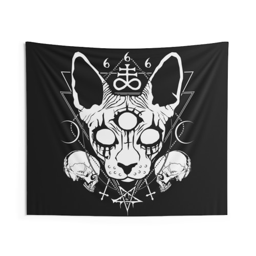 Mysterious Sphynx Cat Tapestry with Occult Black Metal Symbols