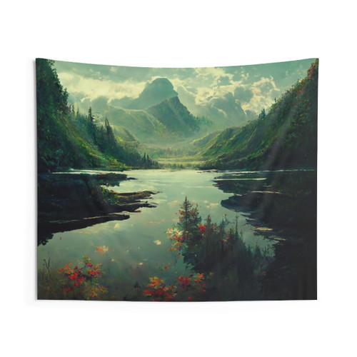 Nature landscape tapestry featuring forest, mountains, and outdoor scenery