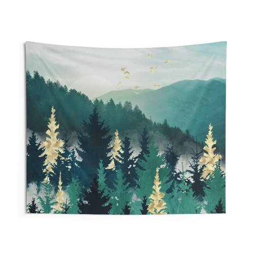 Blue Forest Mist Landscape Tapestry
