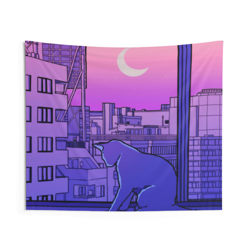 Retro Anime Moonlit Tapestry featuring a cat or kitty in a vaporwave, aesthetic style