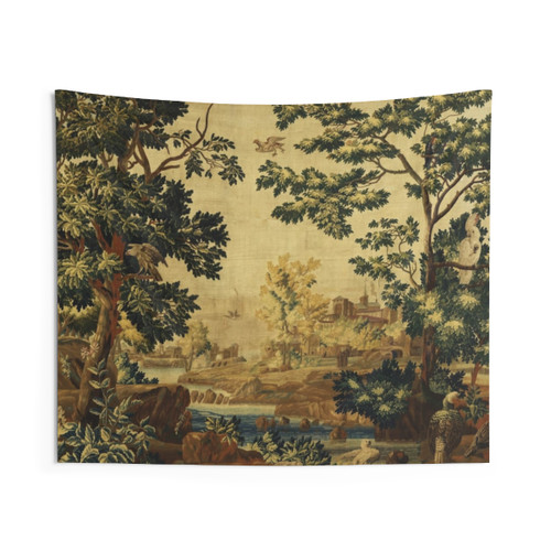 Antique Flemish tapestry depicting a woodland landscape with trees, a river, and various birds