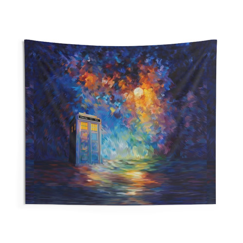 Doctor Who phone booth tapestry with moonlight
