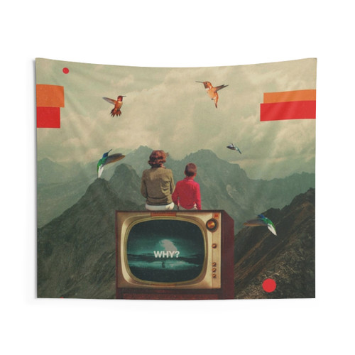 Vintage collage tapestry with surreal mother and child motif