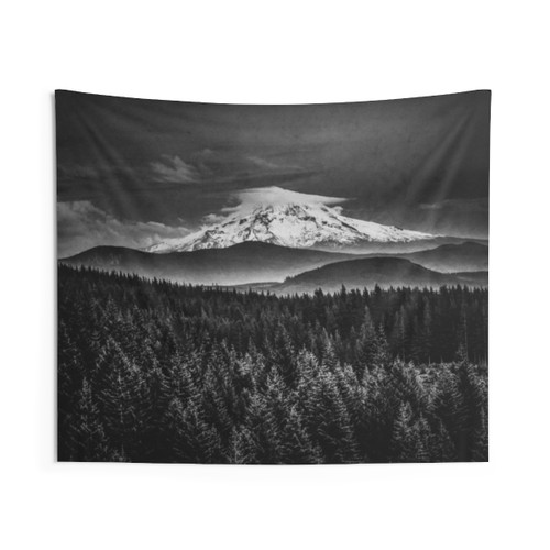 Black and White Mountain and Forest Tapestry