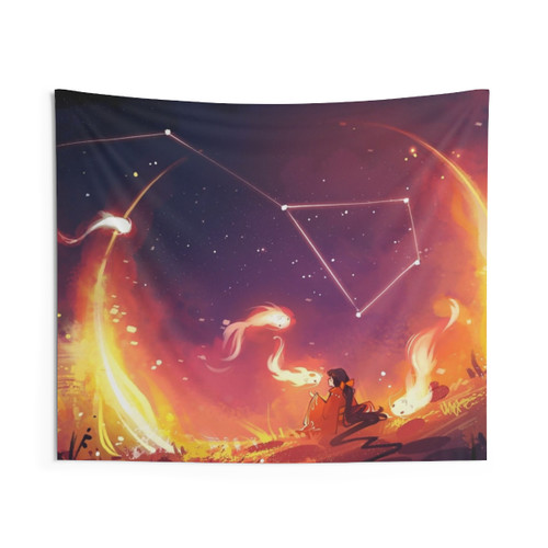 Sky Dancer Tapestry - Vibrant Wall Art Featuring Colorful Fish, Girl, and Fire