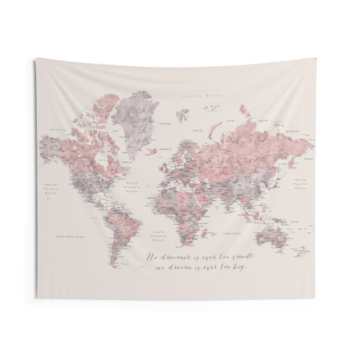 Feminine World Map Tapestry - Kaia Dusty Pink & Grey Wall Art