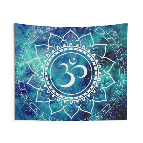 Galaxy Om Mandala Teal and Midnight Blue Tapestry