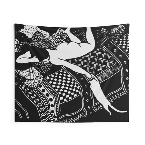 La Paresse Tapestry Featuring a Cat and Woman in a Black and White Woodcut Style