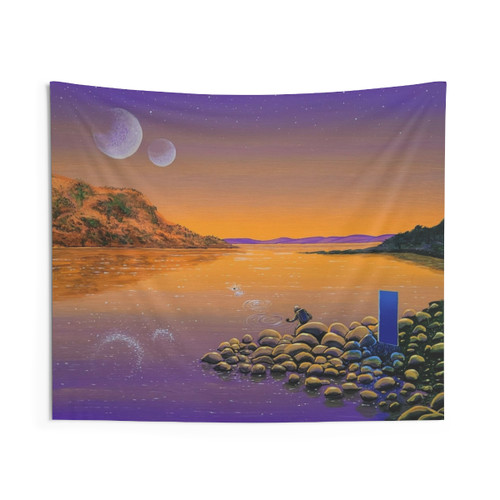 Trippy space tapestry with astronaut and planets