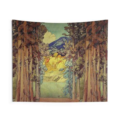 Nature Landscape Tapestry Depicting a Scenic Mountain, River, and Forested Scene