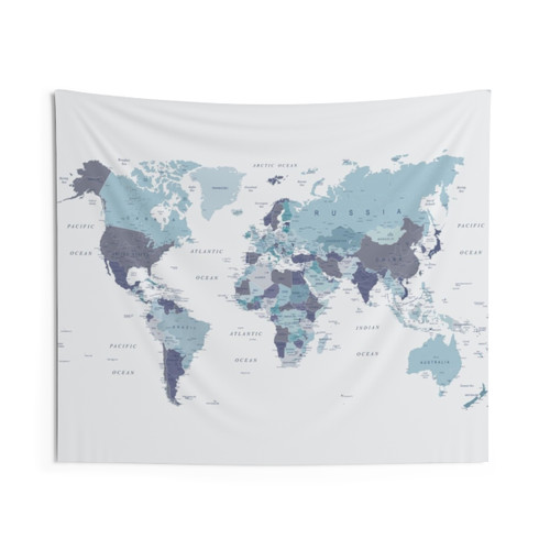 Blue World Map Tapestry Wall Hanging