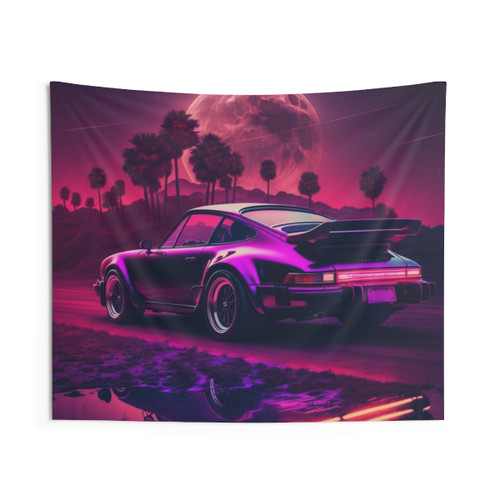 Porsche Synthwave Full Moon Tapestry Wall Art