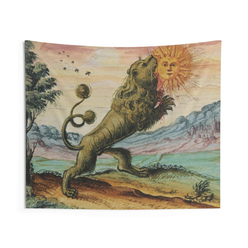 Antique Alchemy Lion Eating Sun Illustration Tapestry