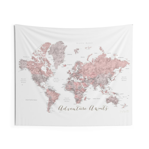 Detailed World Map Tapestry in Dusty Pink and Grey