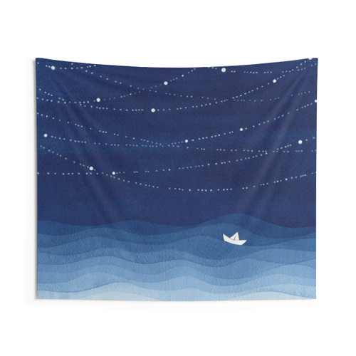 Blue watercolor tapestry with a garland of stars