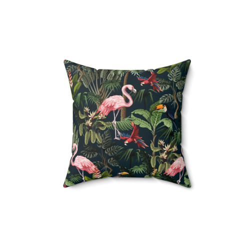 Tropical Jungle Print Decorative Throw Pillow with Toucan, Flamingo, and Parrot