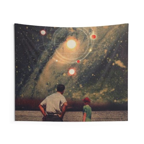 Surreal tapestry with light explosions in the night sky