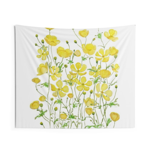 Handpainted yellow buttercup flowers field watercolor tapestry