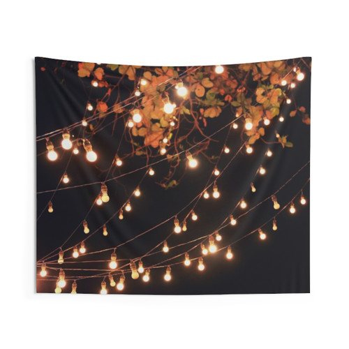 Lights Draping Tapestry with Black Sky and Trees