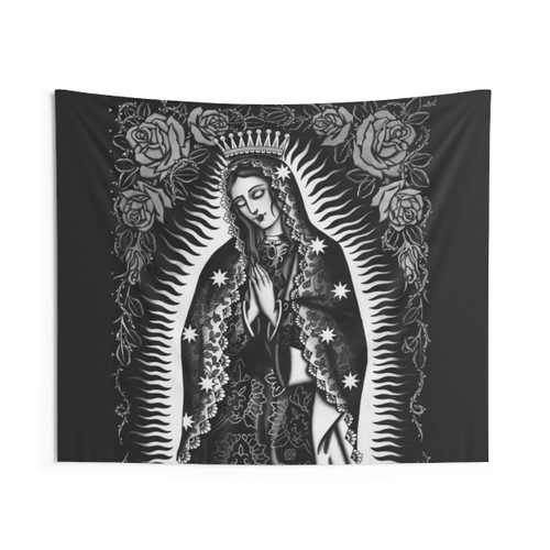Virgen Mary Rose Wall Tapestry in Black & White