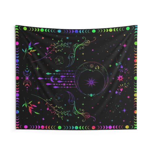 Celestial Crescent Moon Tapestry with Floral Accents