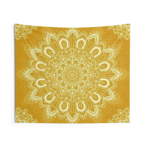 Boho Mandala Flower Tapestry in Mustard Yellow