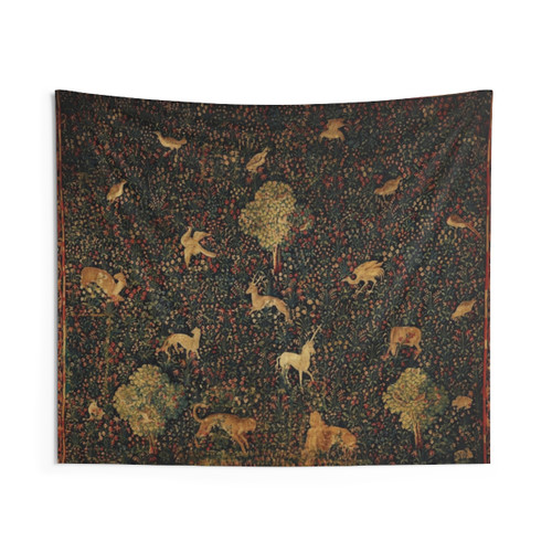 Millefleurs medieval tapestry with unicorn and animals