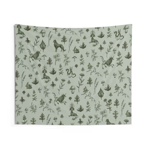 Medieval tapestry with magical unicorns, foliage, and floral patterns