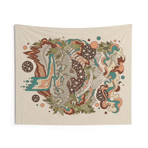 Parasaurolophus dinosaur sci-fi tapestry with retro rainbow palette