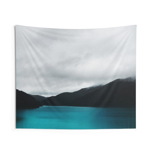 Vintage Retro Wilderness Tapestry featuring a glowing mountain lake with trees and fog