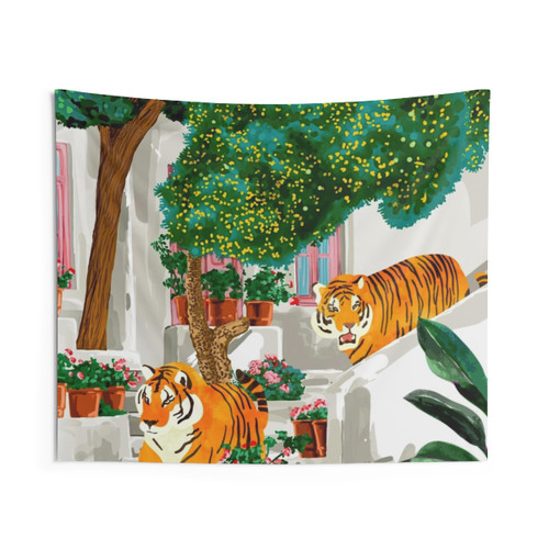 Vibrant watercolor painting of tigers in Greece