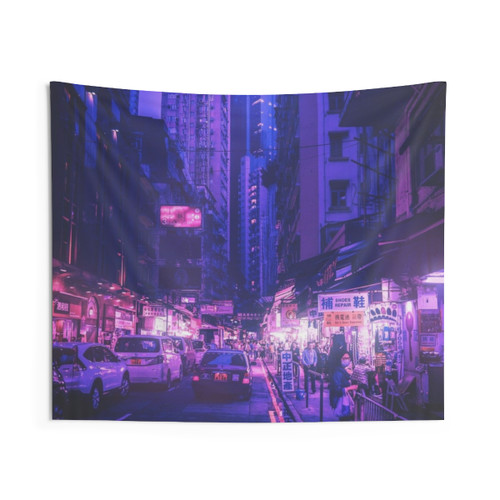 Neon Hong Kong Cyberpunk Tapestry