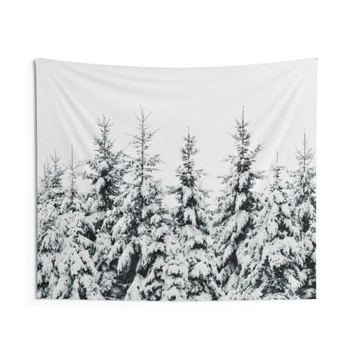 Misty forest tapestry with cascading trees and fog
