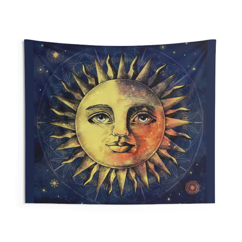 Celestial Vintage Batik Tapestry with Sun and Sky Watercolor Design
