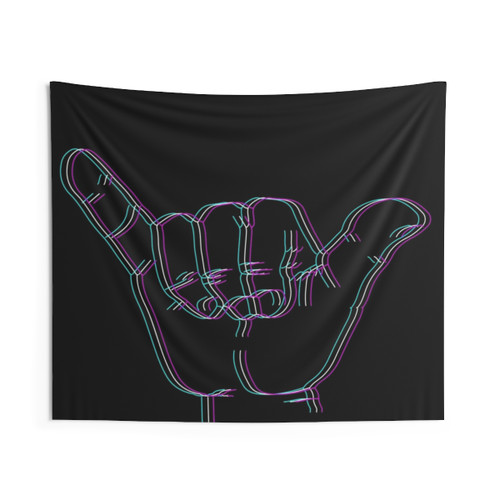 Shaka hand sign tapestry with neon design and retro surf vibes