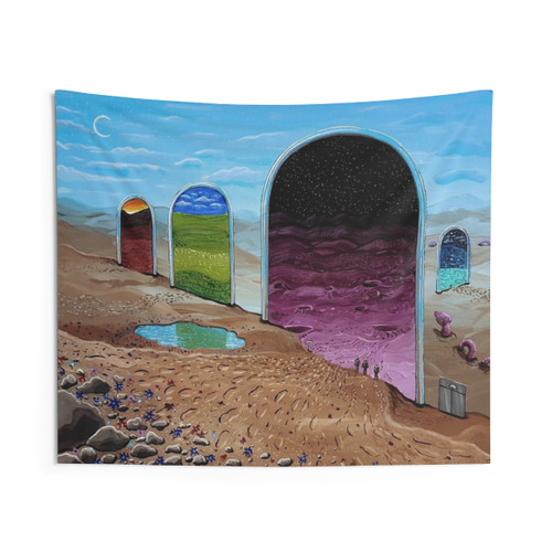 Surreal space tapestry featuring astronaut in a trippy, flooko design