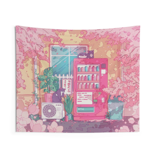 Kawaii Aesthetic Tapestry with Cats, Vending Machines, and Cherry Blossoms